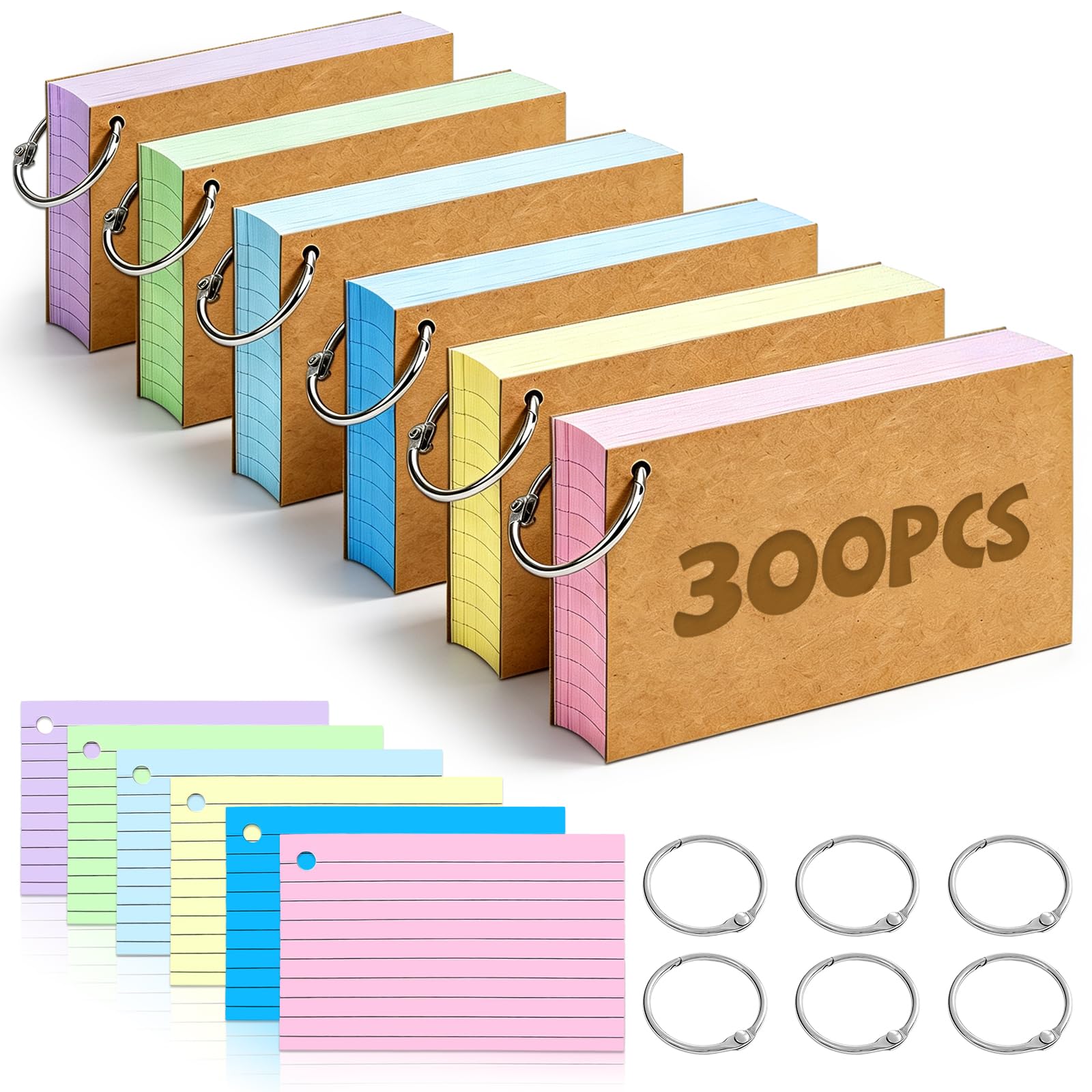 ojussa Flash Cards 300 PCS Revision Cards 3x5 Inch Kraft Paper Notecards | Multi