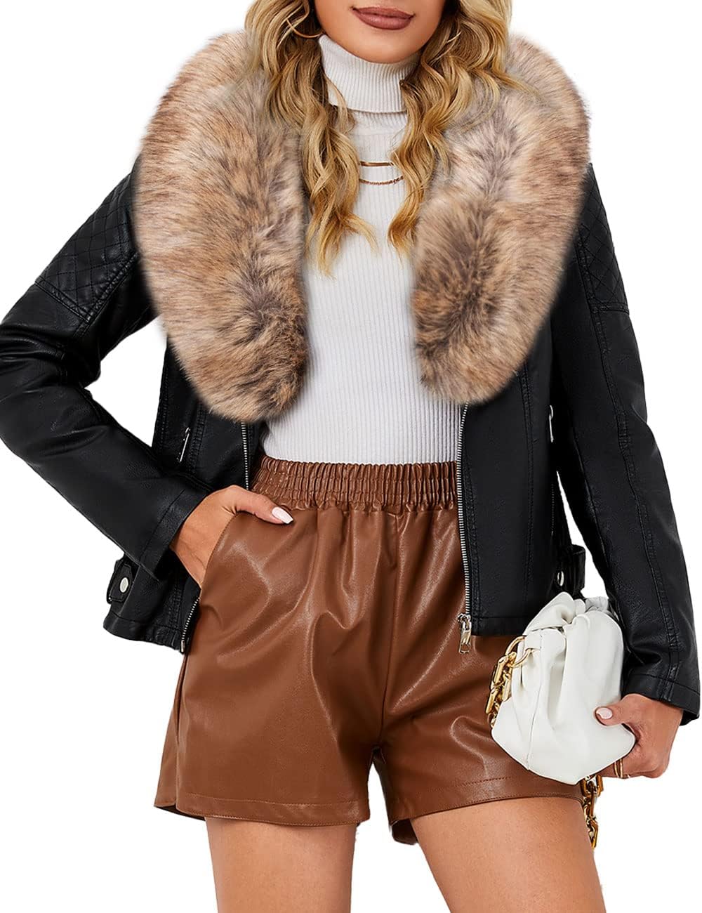 Bellivera Women's Faux Leather Trench Coat Fleece Lined Mid Length Jacket with D