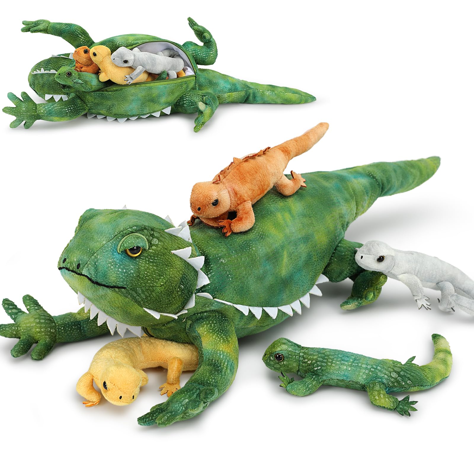 MorisMos Mom Plush Green Lizard with Baby Soft Kawaii, 68cm Bearded Dragon Reali