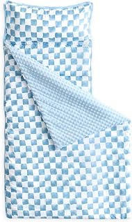 Wake In Cloud - Toddler Nap Mat with Pillow and Minky Fleece Blanket, for Kids Boys Girls Ages 3 Plus in Daycare Preschool, Roll Up Sleeping Bag, Gingham Grid Checkered, Blue White, Standard