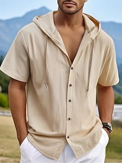 Men's Cotton Linen Short Sleeve Hoodie Casual Hooded Shirt Lightweight Sweatshirt Pullover