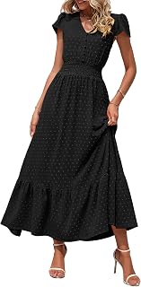 PRETTYGARDEN Women's Bohemian Short Sleeve V Neck Swiss Dot Ruffle Midi Dress Ruched Cocktail Maxi Dress