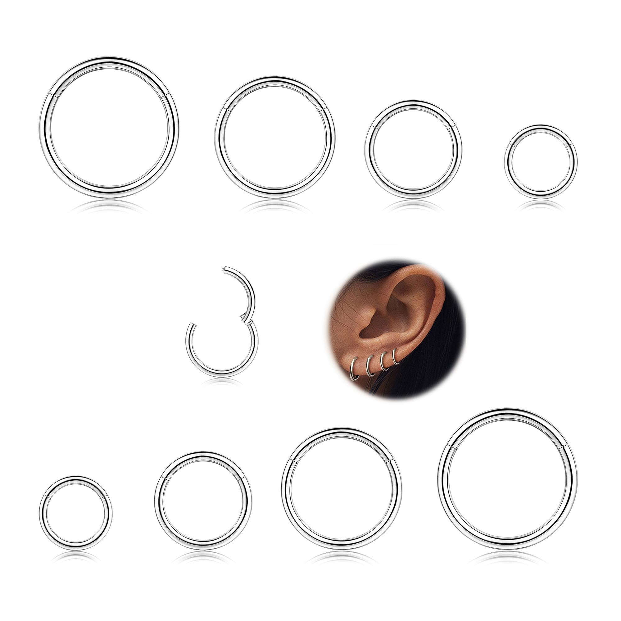 MILACOLATO 8 Pcs 16G Surgical Steel Hinged Clicker Segment Nose Rings | Hoop Hel