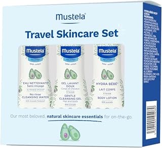 Mustela Travel Skinscare Set - Baby Skin Care &amp; Bath Time Set - TSA-Approved - Natural &amp; Plant-Based - Natural Avocado - 3 Items Set - Refillable &amp; Reusable 1.69 Fl. Oz. Bottles