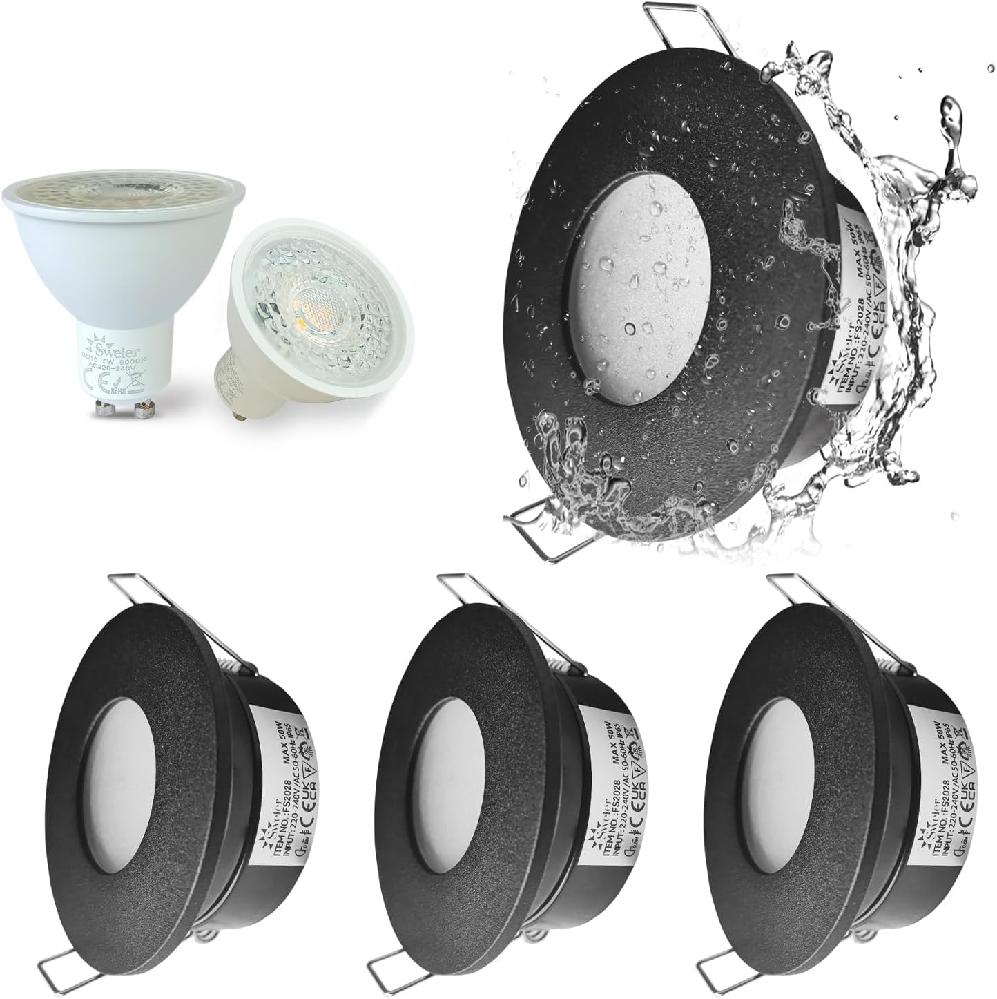 Sweier 4 Pack GU10 LED Downlights Black, IP65 Bathroom Spot Lights Waterproof Co