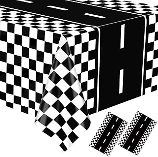 WNINK Race Car Tablecloth Black and White Gingham Tablecloth Disposable Plastic Buffalo Check Tablecloth Checkered Flag Cover for Birthday Outdoor Picnic Birthday Camping 54 x 108 Inch Pack of 2