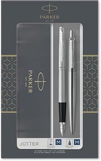 Parker Jotter Duo Gift Set with Ballpoint Pen & Fountain Pen | Stainless Steel with Chrome Trim | Blue Ink Refill & Cartridges | Gift Box