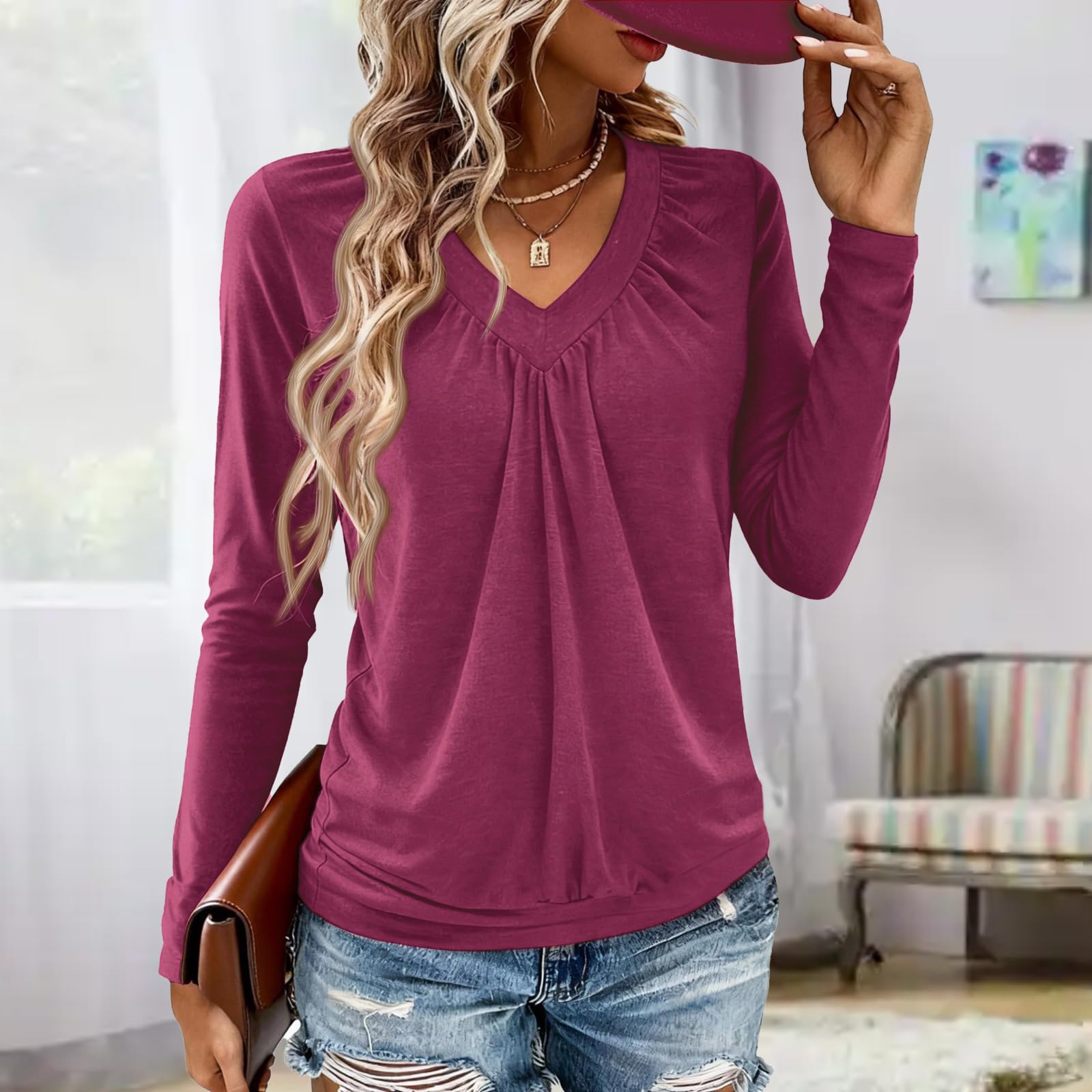 Women's Long Sleeve T Shirts, V Neck, Loose Fit, Soft and Comfortable Daily Wear