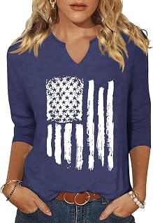 Vircreate Womens 3/4 Sleeve V Neck T-Shirts American Flag Star 4th of July Shirts Independence Day Tees