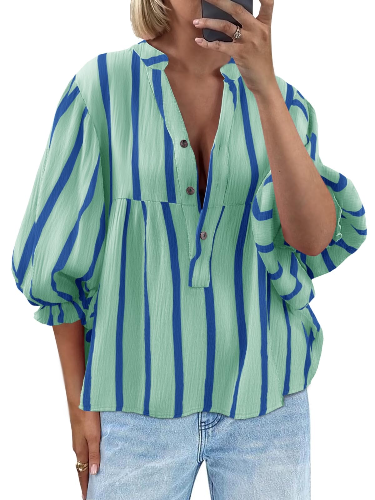 Tankaneo Women Puff Sleeve Blouse V Neck Striped Cute Casual Loose Fit Blouse To