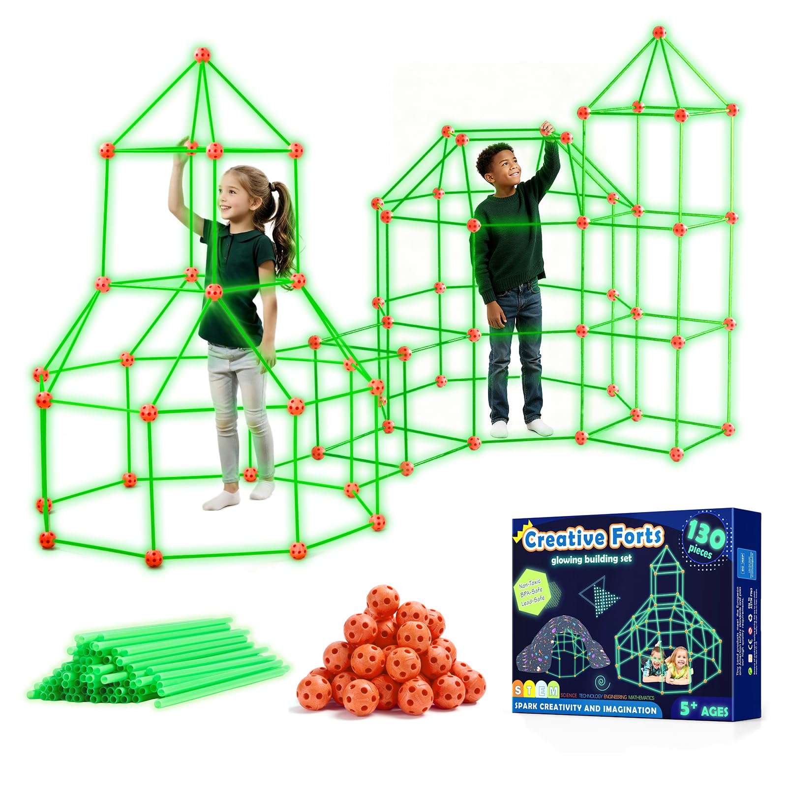 Tiny Land Glow Fort Building Kit for Kids Ages 4-12, STEM Building Toy | 86 Rods