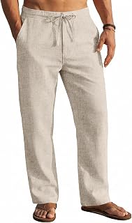COOFANDY Pantalones casuales de lino para hombre, cintura elástica, con cordón, pantalones de yoga y playa, ligeros, holgados, con bolsillos