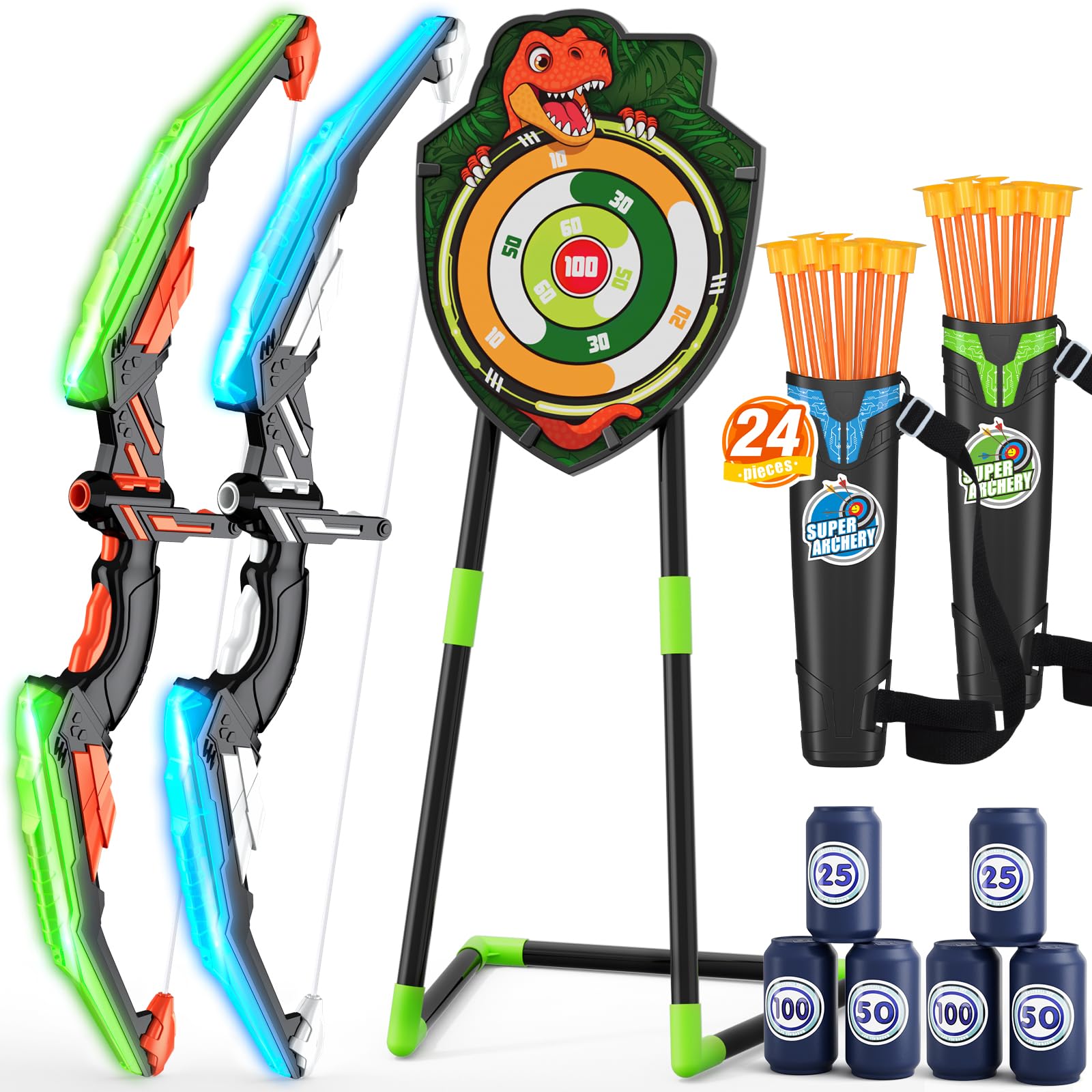HYES 2 Pack Bow and Arrow for Kids, LED Light Up Archery Set for Boys Girls | wi