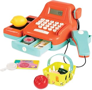 Battat Kids Cash Register with Scanner & Sounds, 26-Piece Set Pretend Play | Pretend play shopping set with calculator, light-up scanner, play money, card, veggies, basket, and key, 26 Pieces, 3+ Years