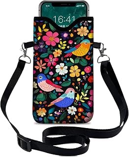 otilil Neoprene Cell Phone Sleeve Pouch Case Bag with Crossbody Strap Neck Lanyard for Women 7.1 X 3.9 in Flower Bird Pattern