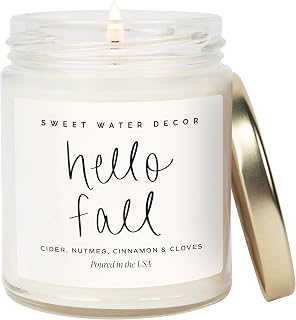 Sweet Water Decor Hello Fall Candle, 9oz Clear Glass Jar, Autumn Scent | Cinnamon, Apple & Clove Scented Soy Wax Candle, Gold Lid, 40+ Hour Burn Time, Poured in the USA, Fall Home Decor