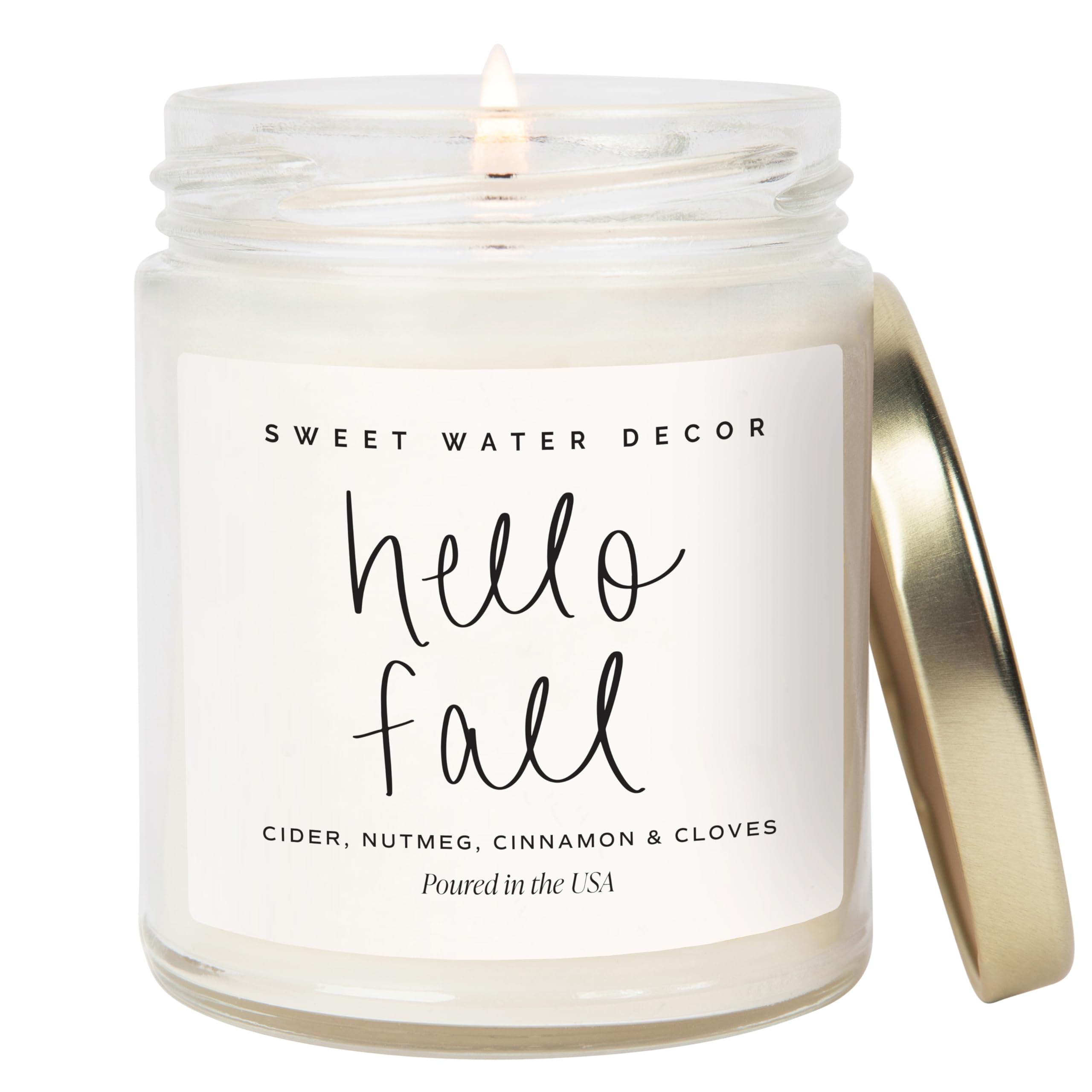 Sweet Water Decor Hello Fall Candle, 9oz Clear Glass Jar, Autumn Scent | Cinnamo