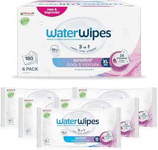 WaterWipes Sensitive+ Body & Intimate Cleansing Wipes, 99.9% Purified Water | XL Textured Wipes, Incontinence Care, Fragrance Free, 180 Count