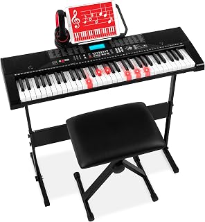 Best Choice Products 61-Key Beginners Complete Electronic Keyboard Piano Set w/Lighted Keys, LCD Screen, Headphones, Stand, Bench, Teaching Modes, Note Stickers, Built-In Speakers - Black