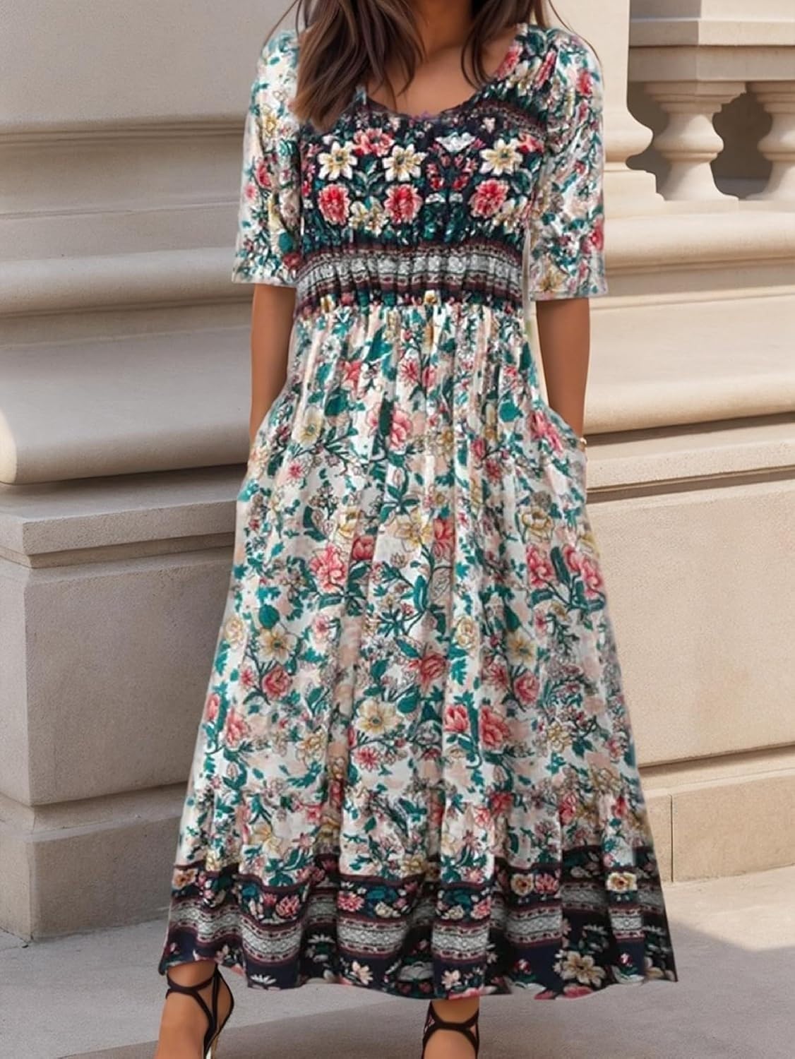 Womens Floral Maxi Dress Crew Neck Short Sleeve Summer Outfits with Pockets Casu