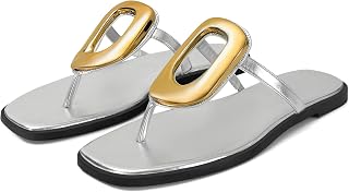 Wnshonzy Flip-Flops for Women Thong Sandals Flat Black Slip on Slides Leather Beach Comfort Open Square Toe Ladies Slipper Dressy Metal Hardware Decoration Summer Shoes Casual Fashion