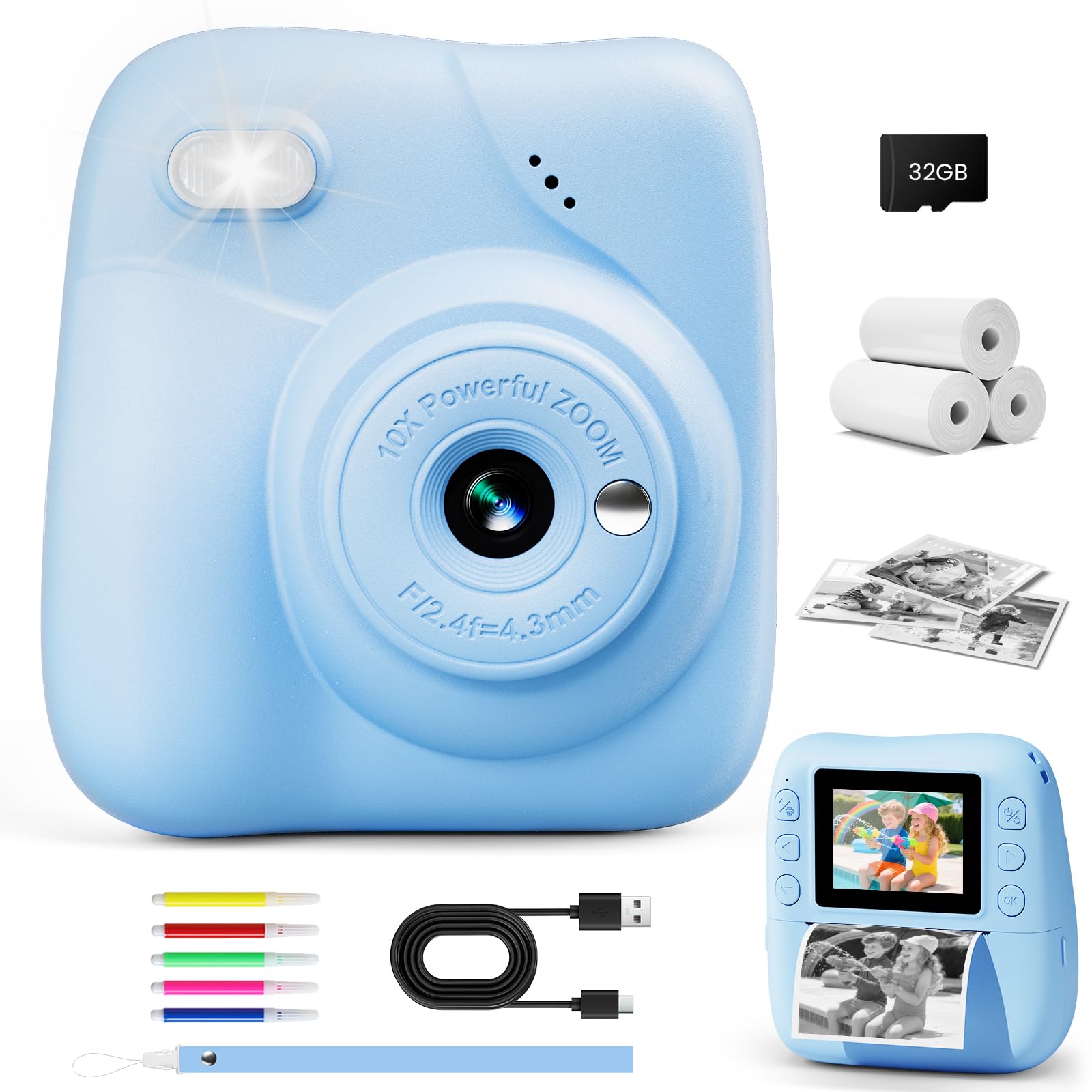 CAMCLID Kids Camera Instant Print, 1080P Camera with 32GB Card, Blue | Includes 