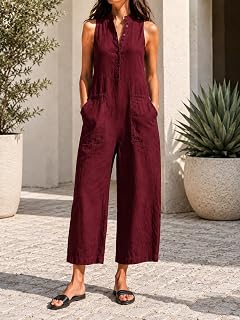 Women's Sleeveless Button Down Jumpsuit with Pockets, Cropped Straight Leg Wide Leg Rompers For Casual Summer Vacation Daily