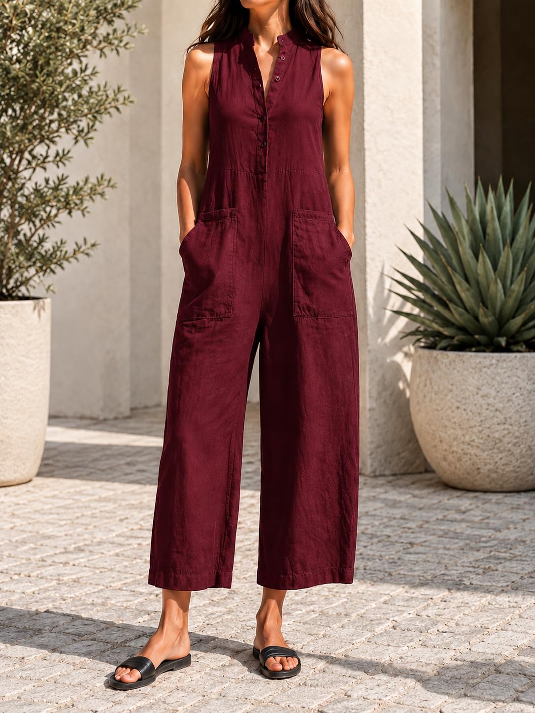 Women's Sleeveless Button Down Jumpsuit with Pockets, Cropped Straight Leg Wide 