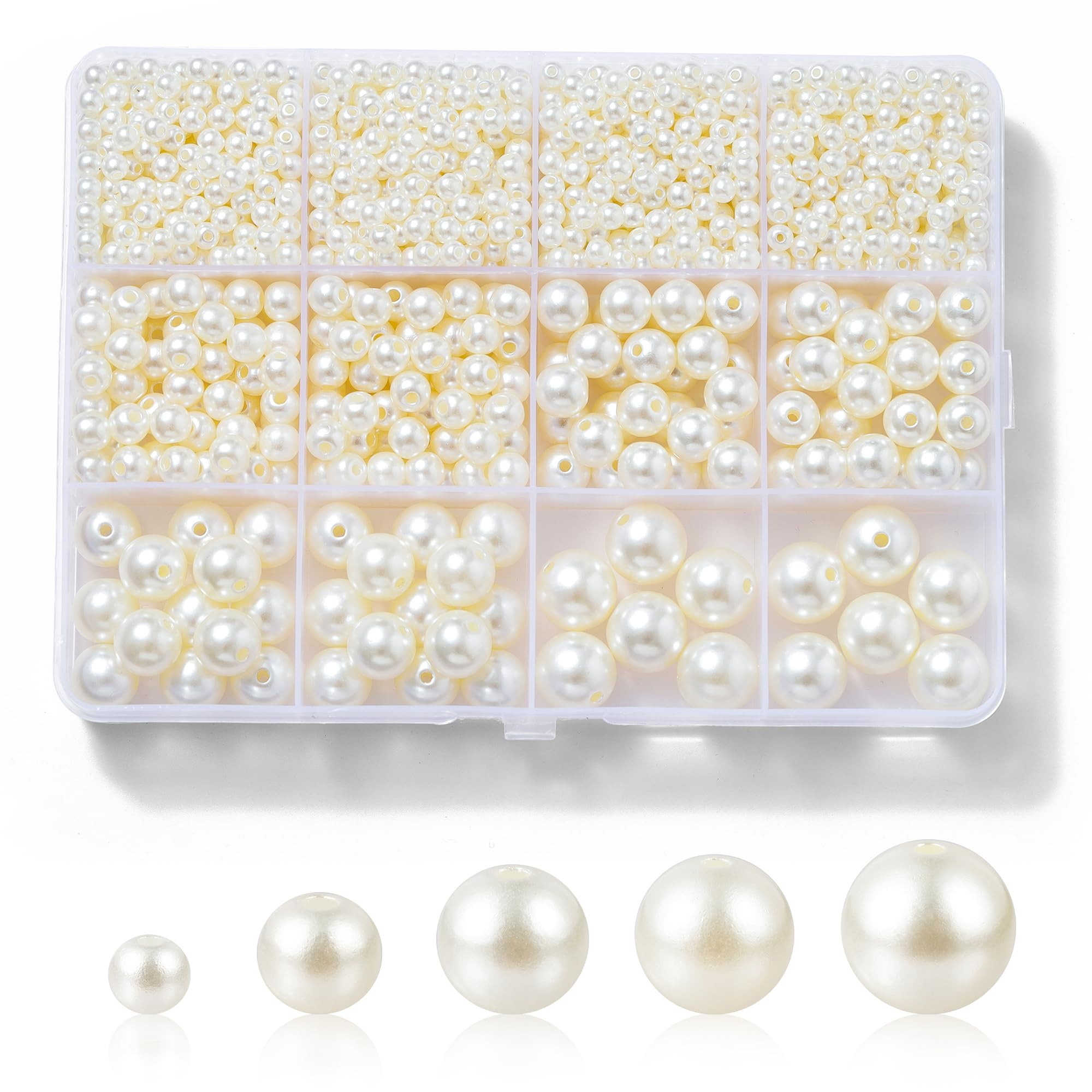 Hudinsun 1200 Pcs Pearl Beads for Jewelry Making, 5 Size Round Pearls for Bracel