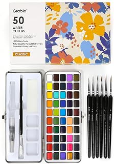 Grabie 50 Color Watercolor Paint Set with Brush Pens | High Pigment Paints, Blendable Colors, Portable Travel Case, Painting, Sketching, Illustration, Beginner And Hobby Artists