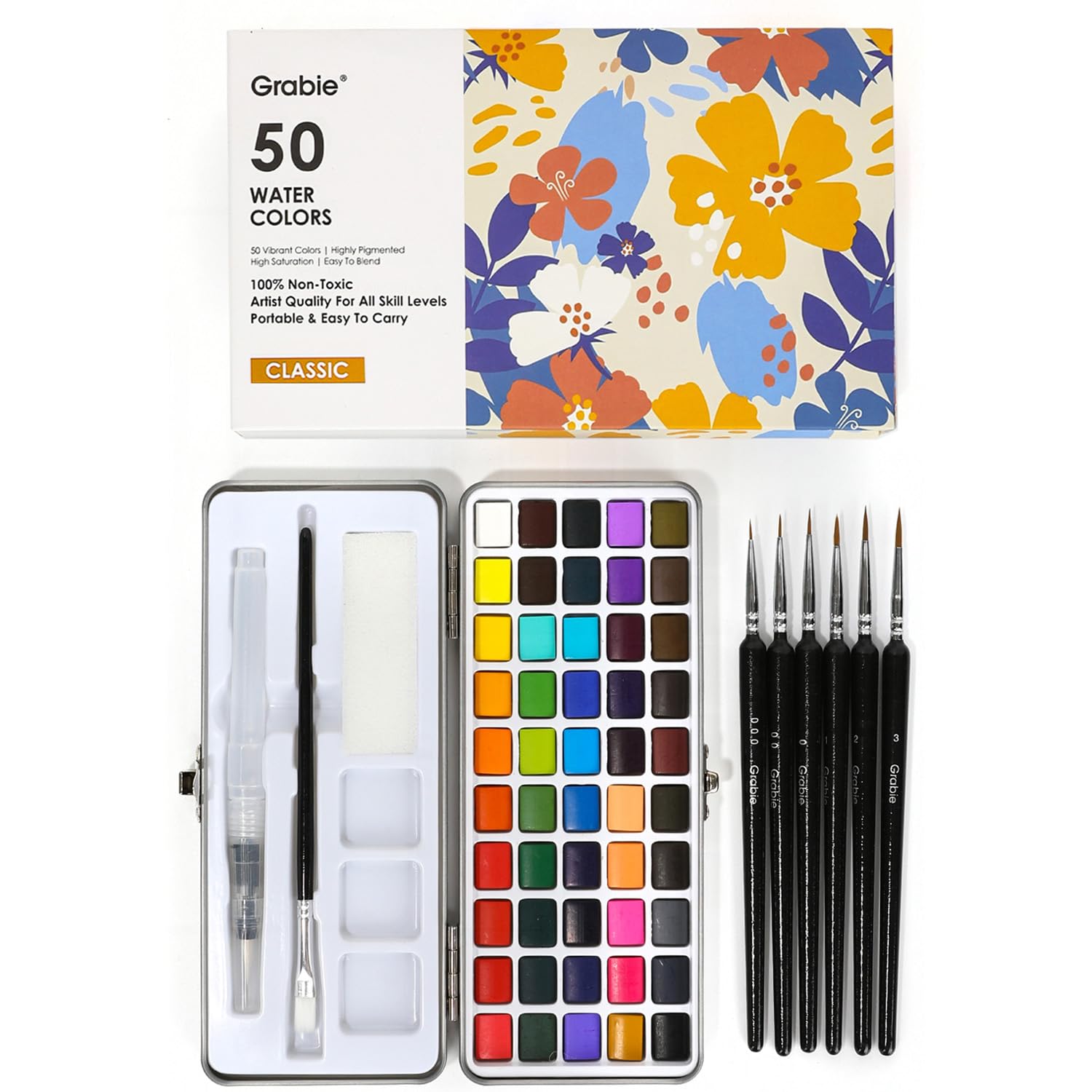 Grabie 50 Color Watercolor Paint Set with Brush Pens | High Pigment Paints, Blen