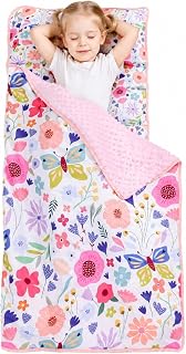 Viviland Toddler Nap Mat, Rolled Sleeping Mats with Pillow and Minky Dot Blanket for Girls, Kids Slumber Bag Nap Mat for Preschool, Daycare, Kindergarten, Travel Camping - Butterfly Garden
