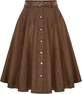 Belle Poque Women's A-line Flared Midi Skirts with Pockets and Belt