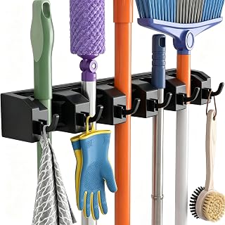 AceMining Broom Mop Holder Wall Mounted, Brush Holders Heavy Duty Storage | 5 Holders 6 Hooks, Utility Room Storage Solutions for Kitchen Bathroom Garage Cupboard and Garden Tool Organiser 1 Pack Black