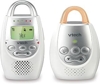 VTech Communications DM221 Audio Baby Monitor with up to 1,000 ft of Range, Vibrating Sound-Alert, Talk Back Intercom &amp; Night Light Loop, White/Silver