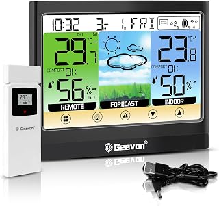 Geevon Weather Stations Wireless Indoor Outdoor Thermometer, Touch LCD Display Digital Thermometer Hygrometer with Heat Index, Dew Point, Comfort Indicator, Alarm Clock and Adjustable Backlight