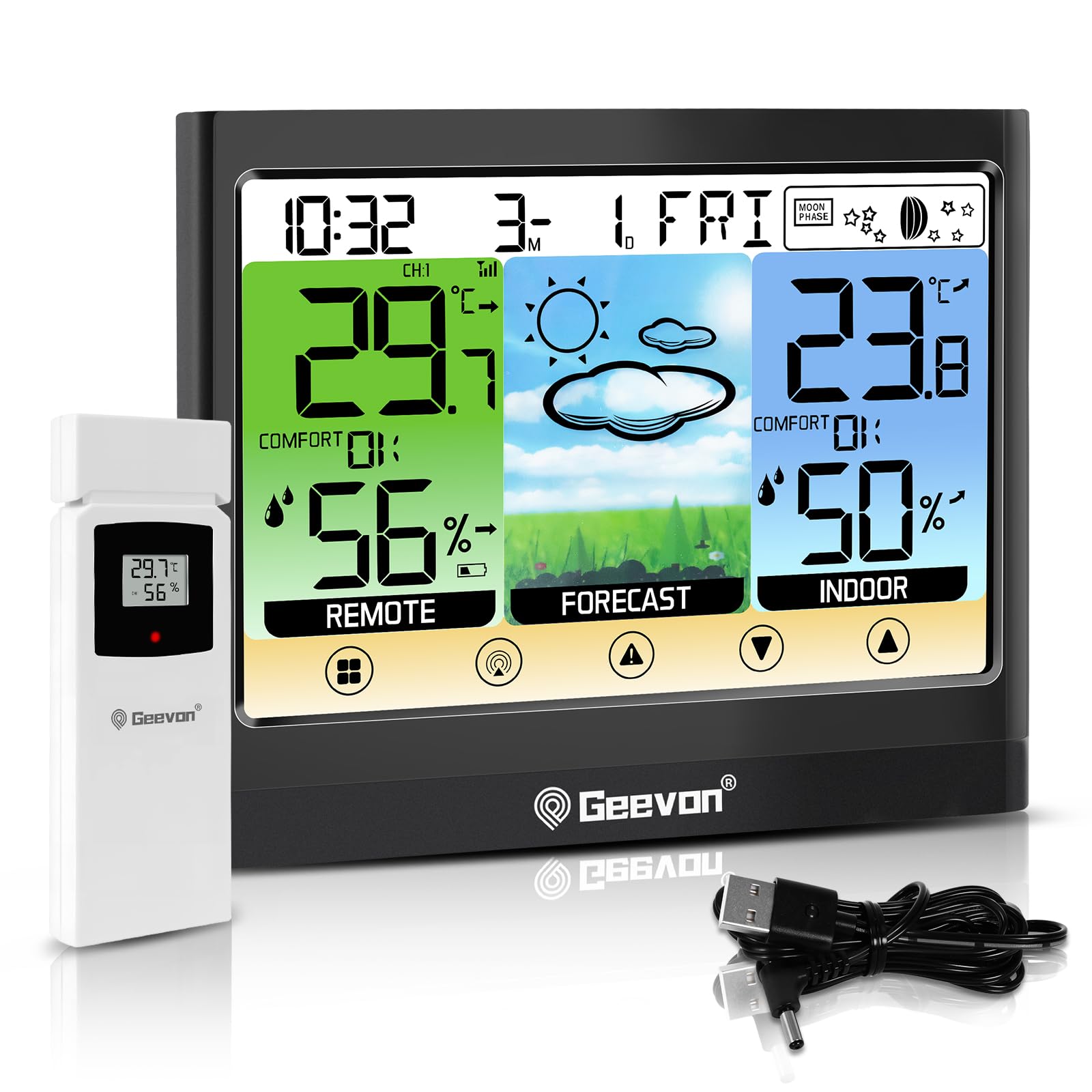 Geevon Weather Stations Wireless Indoor Outdoor Thermometer, Touch LCD Display D