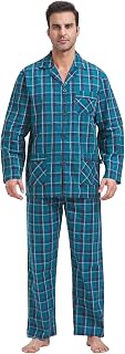 GLOBAL Men's Pyjamas, 100% Long Cotton, Lightweight 4 Seasons Set Buttons