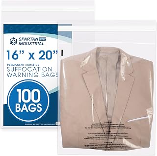 16" X 20" (100 Count) Self-Seal Clear Poly Bags With Suffocation Warning | for Packaging, Blankets, Clothing - Permanent Adhesive - Spartan Industrial
