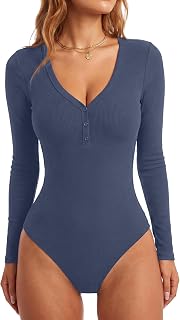 LYANER Women Long Sleeve V Neck Button Down Bodysuit