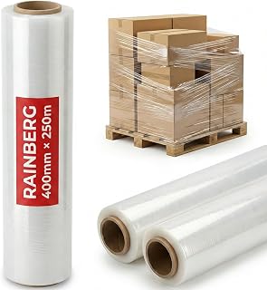 Rainberg Strong Heavy-Duty Stretch Film for Pallet Wrapping, Packaging, and Moving for Furniture, Luggage, and Parcels, Water & Moisture Proof Pallet Stretch Shrink Wrap rolls 400mm x 250m (Clear, 2)