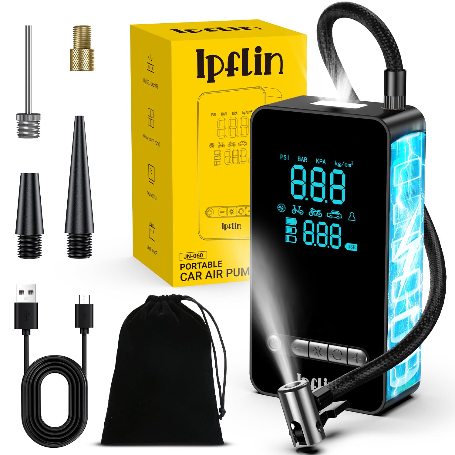Ipflin Tyre Inflator Cordles Compressor - Portable Electric Bike Pump 150 PSI wi
