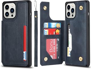 Cavor Custodia a portafoglio per iPhone 14 Pro, con porta carte, in pelle PU di alta qualità, con funzione cavalletto, cinturino da polso, doppia chiusura magnetica, antiurto, colore blu