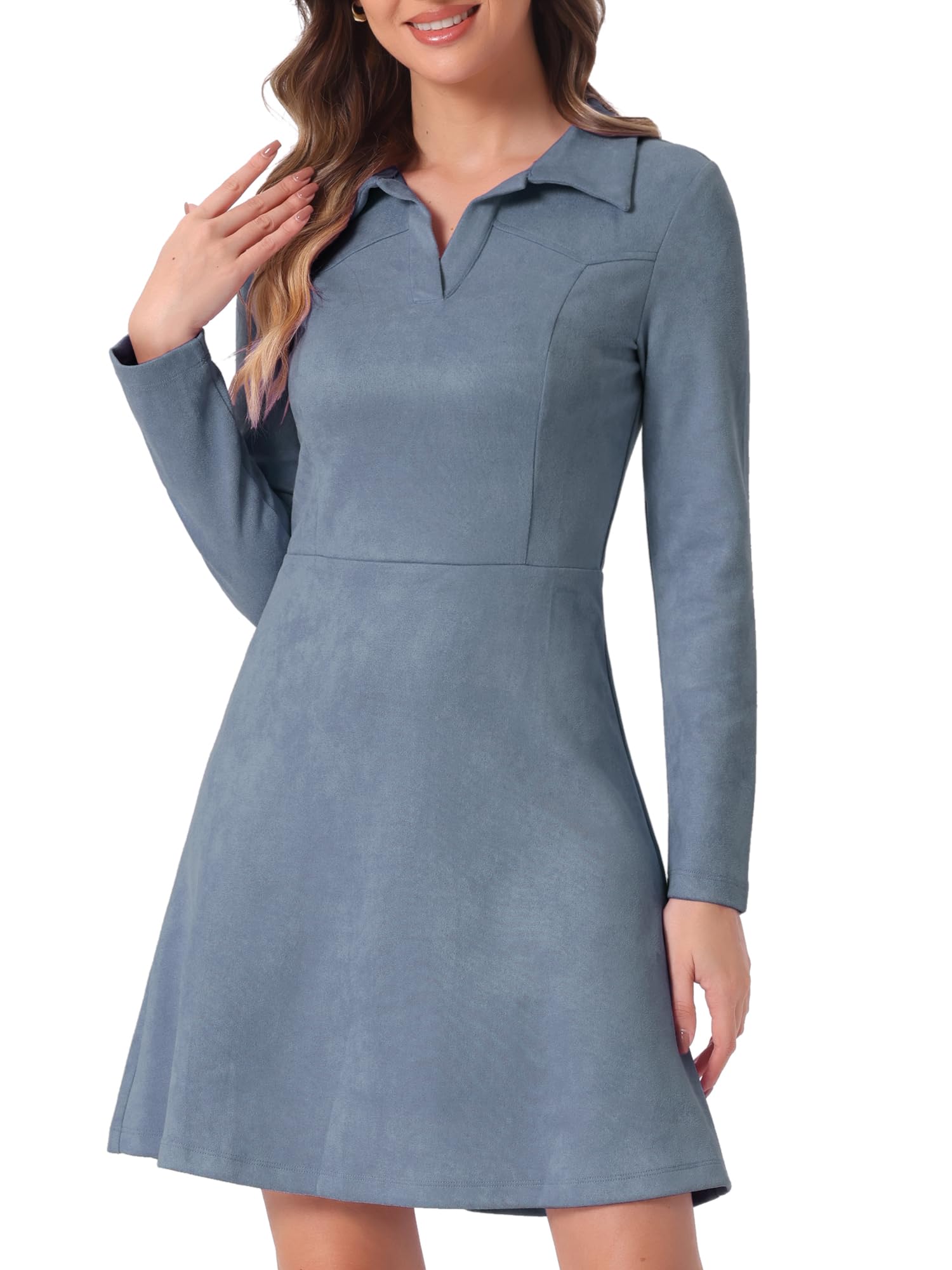 Allegra K Women's Faux Suede Dress Western Long Sleeve Fall A-Line Mini Dresses 