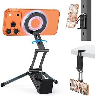 OMOTON TP02 Magnetic Phone Tripod for MagSafe, 360° Pivot, Clamp & Stand | 3-Way Compact Phone Mount with Clamp, Magnetic Back & Tabletop Stand for Vlogging, Gym, Travel & Kitchen