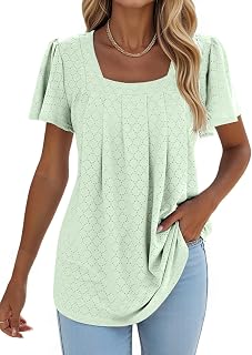 isermeo Summer Tops for Women Pleated Square Neck Ruffle Sleeve Shirts Casual Loose Flowy Curved Hem Tunic S-XXL