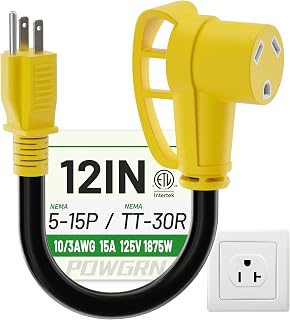 POWGRN RV 30 Amp to 110 Adapter Cord 12 inch Yellow, STW 15A 125V 1875W | NEMA 5-15P to TT-30R 1FT, 3 Prong Outdoor Heavy Duty 10AWG 30 to 15 Amp RV Electrical Adapter, Waterproof Portable ETL Listed