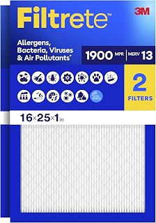 Filtrete 16x25x1 in. Air Filter, MERV 13, MPR 1900, 2 HVAC Filters | Allergens, Bacteria, Viruses & Air Pollutants, 3-Month AC/Furnace Filters, (Act. Size 15.62x24.62x0.78 in)