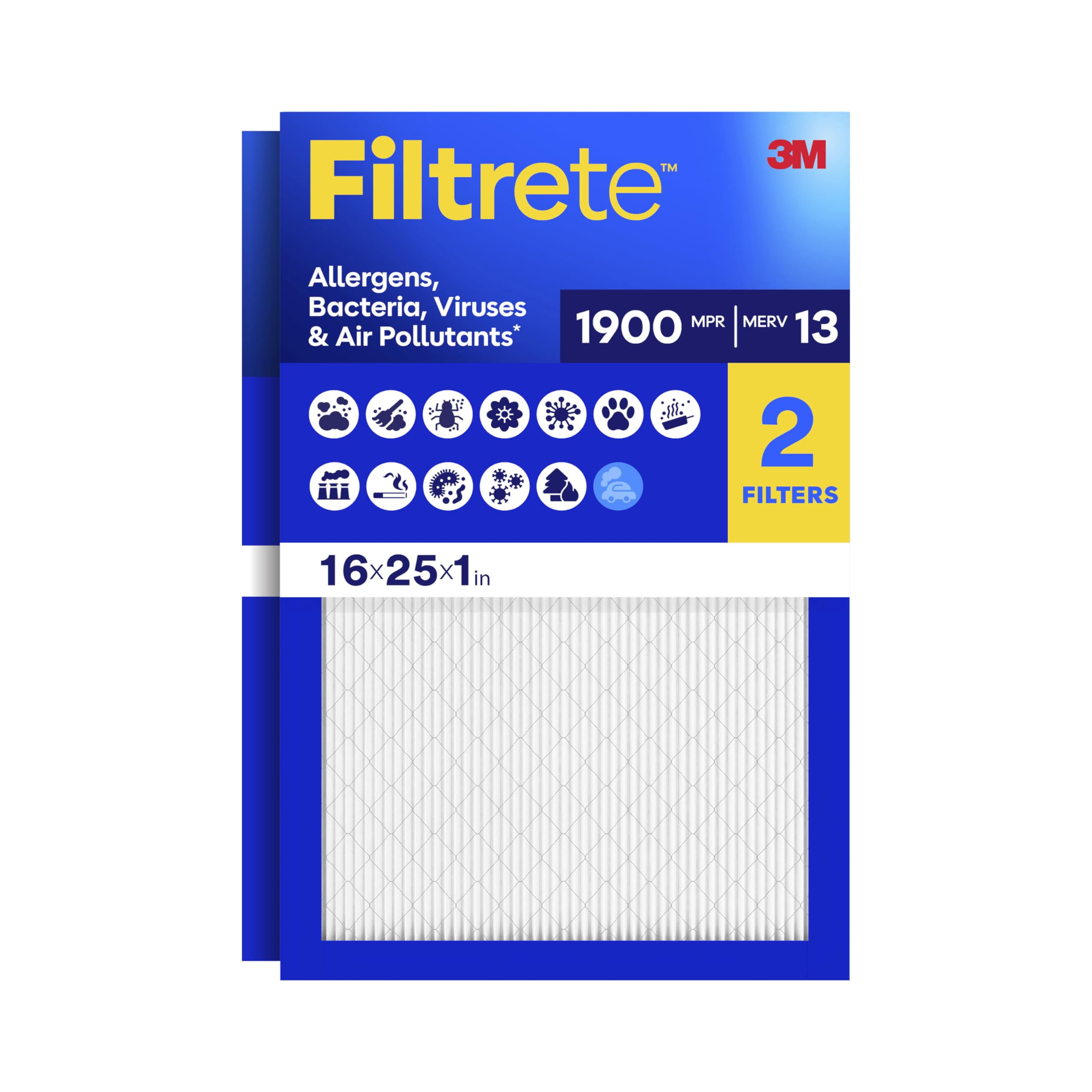 Filtrete 16x25x1 in. Air Filter, MERV 13, MPR 1900, 2 HVAC Filters | Allergens, 
