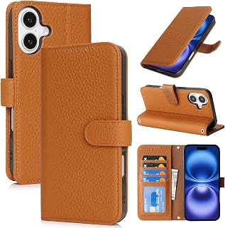 Zouzt Leather Wallet Case for iPhone 16, 4 Card Slot, Amber